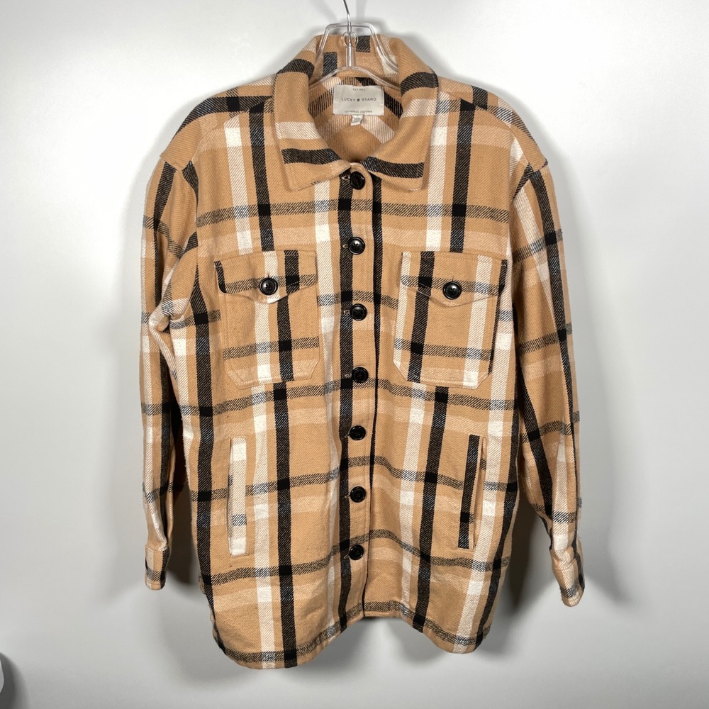 Lucky Brand Mens Tan Plaid Flannel Button Down Shacket Jacket Size M